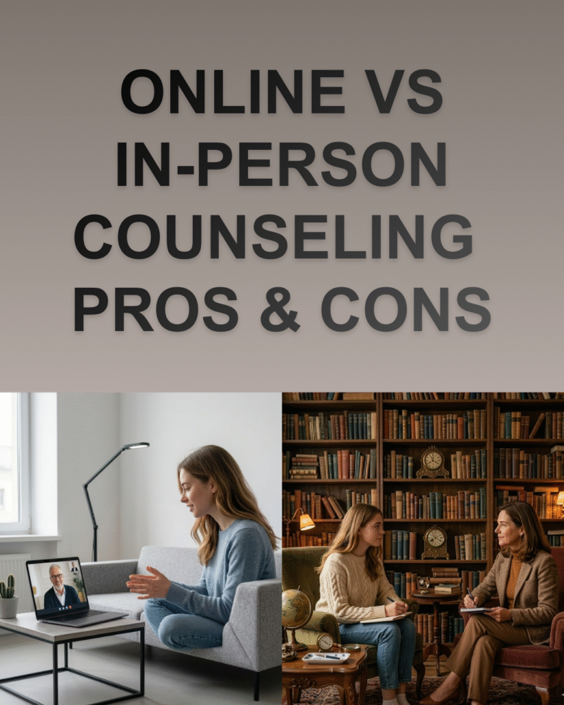 “Comparison of online vs in-person counseling showing a woman attending a therapy session on a laptop and another woman speaking with a therapist face-to-face.”