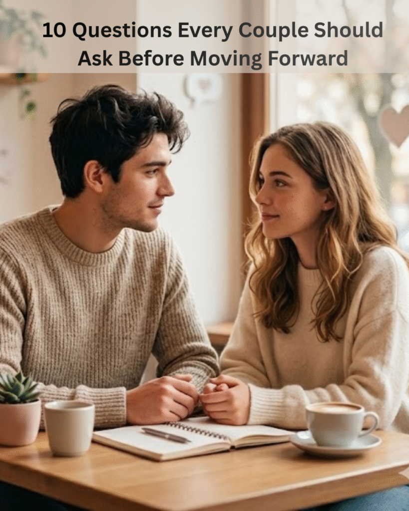 Young couple discussing important relationship questions while sitting together at a table.”