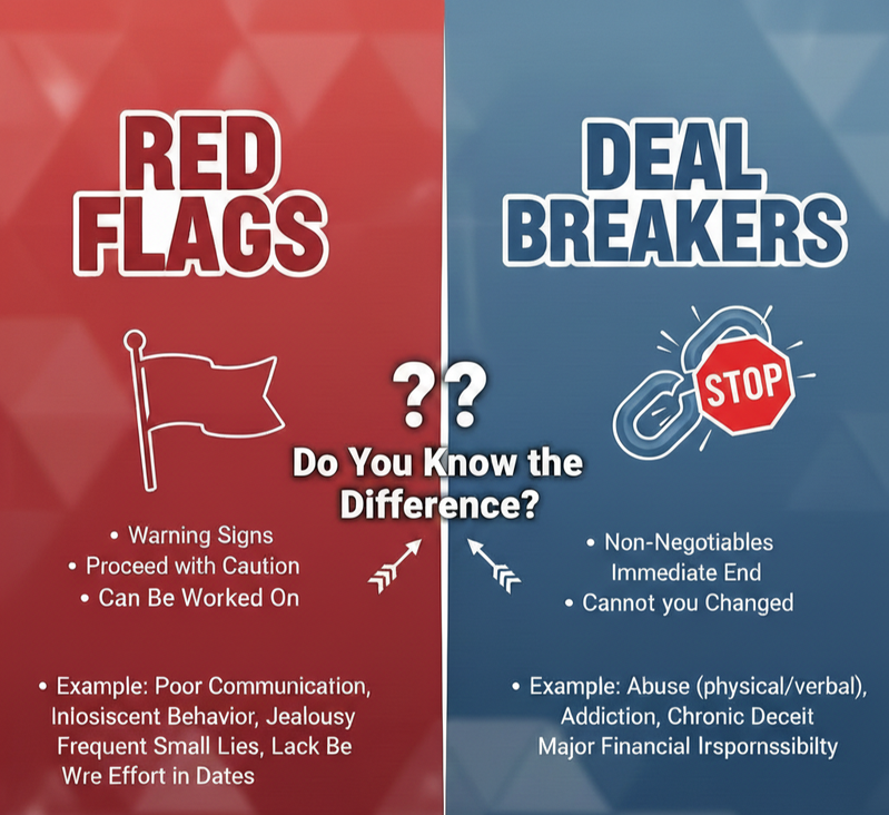 Split graphic comparing “Red Flags” and “Deal Breakers” in relationships. The left side has a red background with the heading “RED FLAGS” and a flag icon. It lists: “Warning Signs,” “Proceed with Caution,” “Can Be Worked On,” and examples such as poor communication, inconsistent behavior, jealousy, frequent small lies, and lack of effort in dates. The right side has a blue background with the heading “DEAL BREAKERS” and a broken chain with a stop sign icon. It lists: “Non-Negotiables,” “Immediate End,” “Cannot be Changed,” and examples such as physical or verbal abuse, addiction, chronic deceit, and major financial irresponsibility. In the center, it asks, “Do You Know the Difference?”