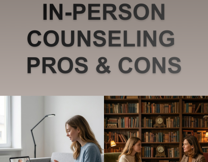 “Comparison of online vs in-person counseling showing a woman attending a therapy session on a laptop and another woman speaking with a therapist face-to-face.”