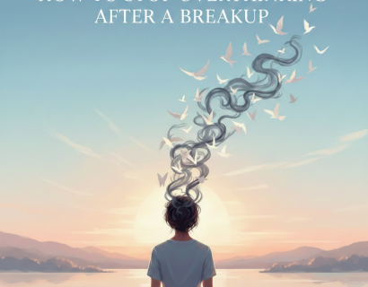 Alt text: Illustration of a person standing on a balcony at sunset, looking over a calm lake and mountains, with swirling smoke turning into birds rising from their head beneath the title “How to Stop Overthinking After a Breakup.”