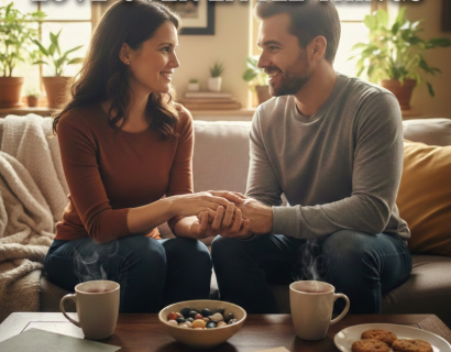 "Couple holding hands and smiling while having a calm conversation to stop fighting over small things in marriage"