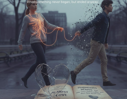 Book cover titled “The Pain of Almost” showing a teenage boy and girl walking away from each other in a misty, blue-toned scene, connected by a glowing red string emerging from their chests. An open book lies at the bottom of the image, with the string trailing across its pages, symbolizing a fragile emotional bond.