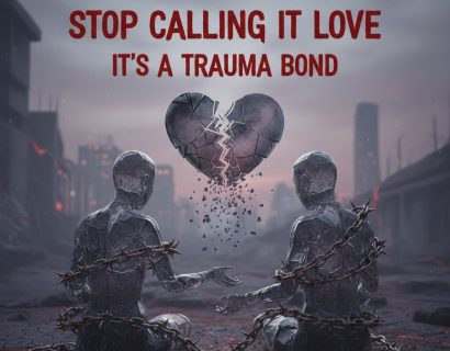 A cinematic, 16:9 conceptual illustration featuring two metallic, cracked figures sitting back-to-back in a desolate, volcanic landscape. They are bound together by heavy, rusted chains wrapped around their bodies and connected on the ground. Floating between them is a large, dark, shattered heart that is crumbling into fragments. At the top, the bold red text reads: "STOP CALLING IT LOVE. IT'S A TRAUMA BOND." The atmosphere is somber and gray, emphasizing a sense of emotional entrapment and pain.