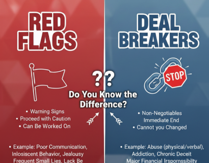 Split graphic comparing “Red Flags” and “Deal Breakers” in relationships. The left side has a red background with the heading “RED FLAGS” and a flag icon. It lists: “Warning Signs,” “Proceed with Caution,” “Can Be Worked On,” and examples such as poor communication, inconsistent behavior, jealousy, frequent small lies, and lack of effort in dates. The right side has a blue background with the heading “DEAL BREAKERS” and a broken chain with a stop sign icon. It lists: “Non-Negotiables,” “Immediate End,” “Cannot be Changed,” and examples such as physical or verbal abuse, addiction, chronic deceit, and major financial irresponsibility. In the center, it asks, “Do You Know the Difference?”
