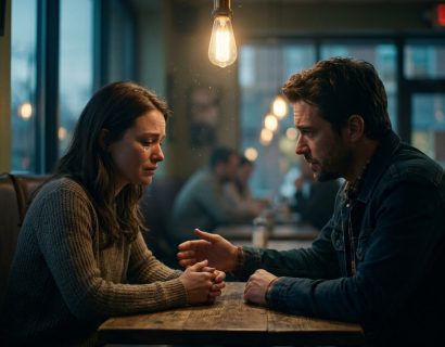 A candid, cinematic photograph shows a woman crying while a man seated opposite her at a diner table attempts to console her by holding her hand. A warm pendant light hangs between them.